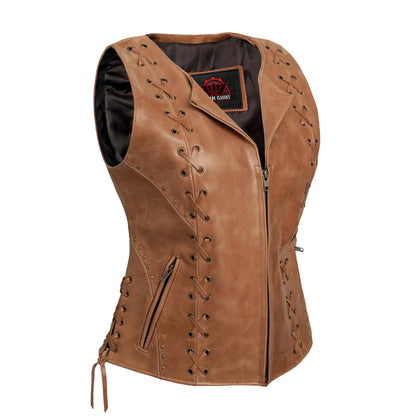 Women's Brown Leather Zippered Vest with Lacing Details