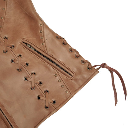 Women's Brown Leather Zippered Vest with Lacing Details