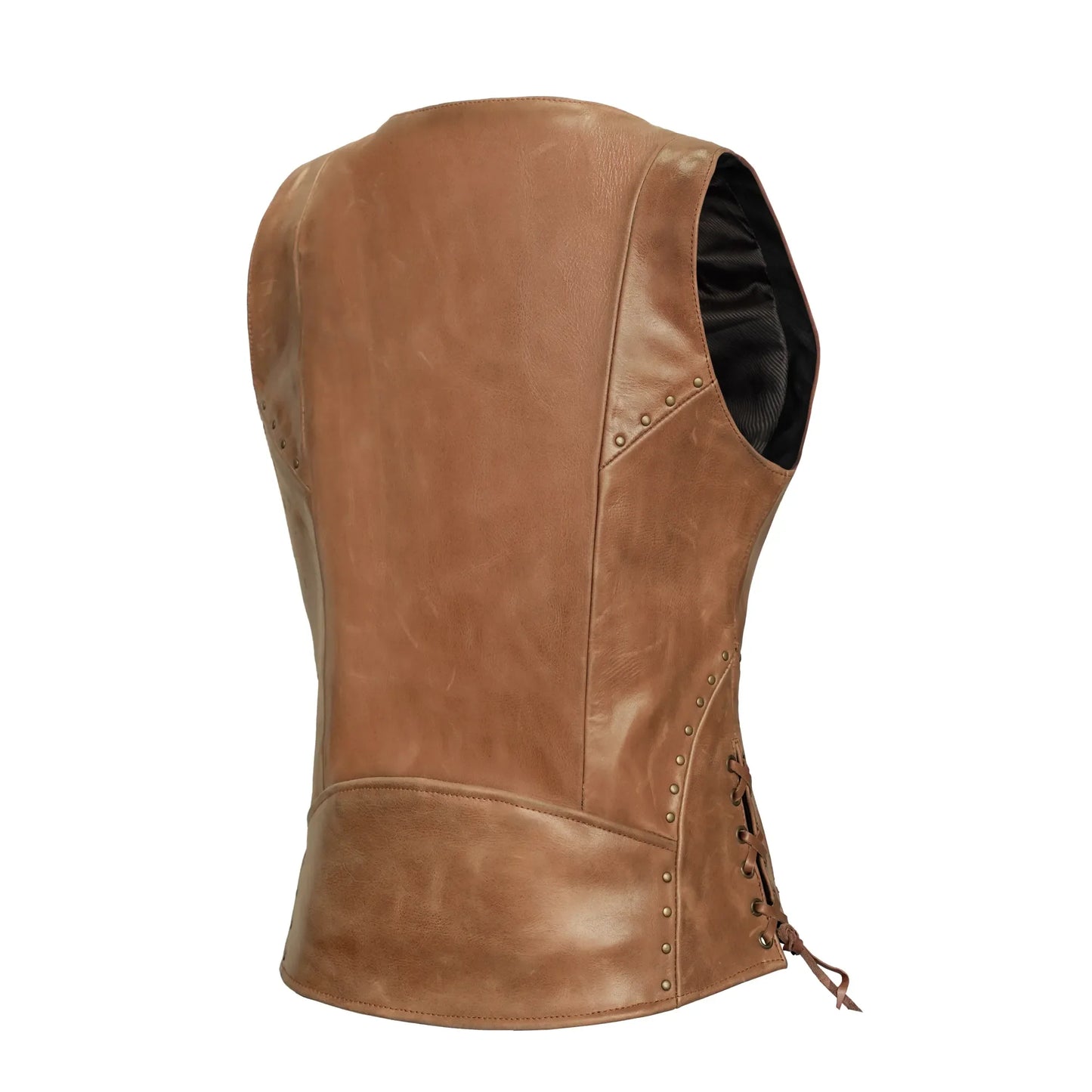 Women's Brown Leather Zippered Vest with Lacing Details