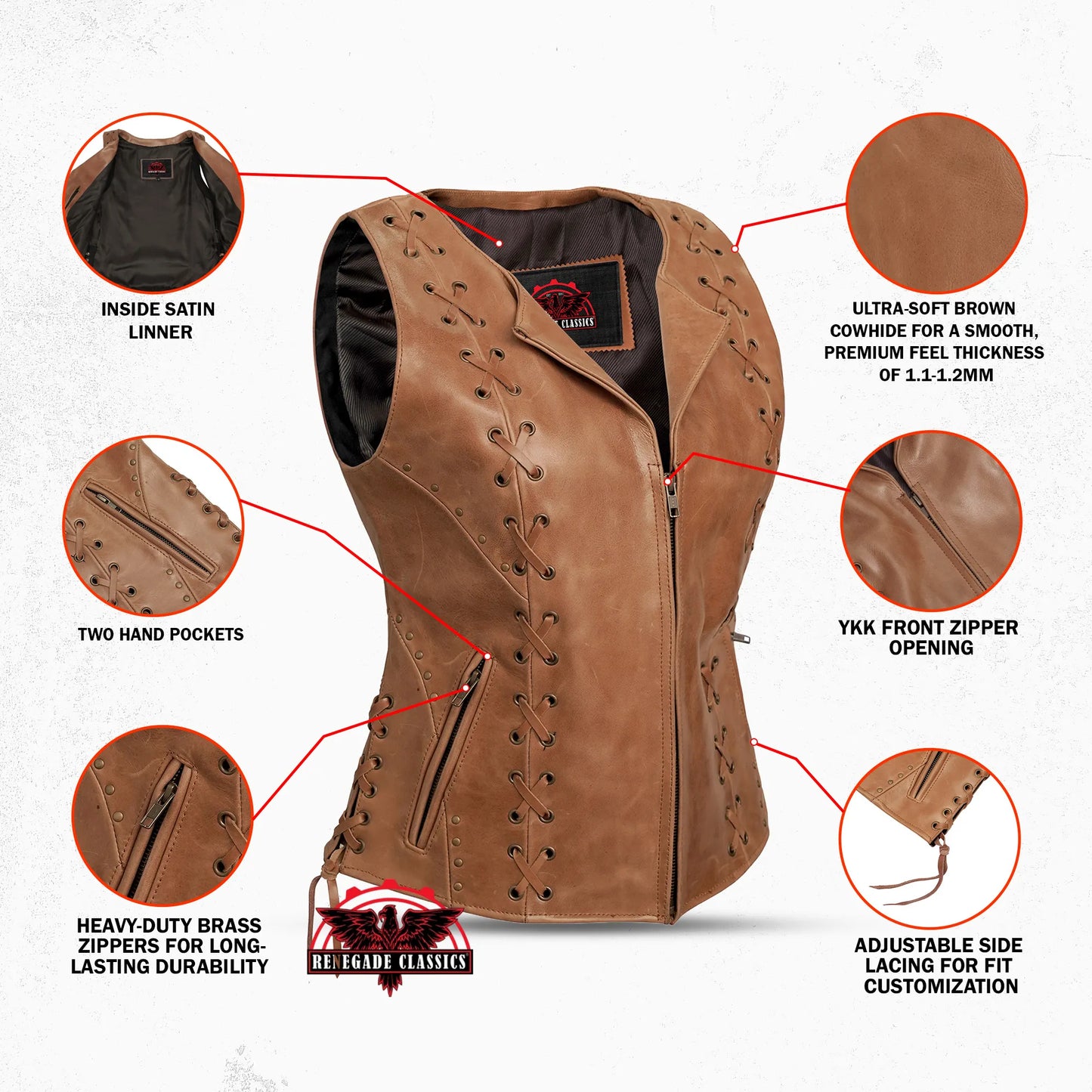 Women's Brown Leather Zippered Vest with Lacing Details