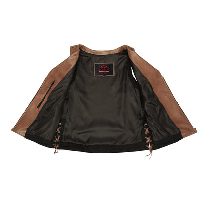 Women's Brown Leather Zippered Vest with Lacing Details
