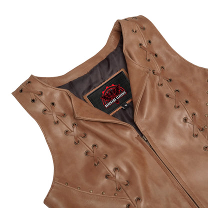 Women's Brown Leather Zippered Vest with Lacing Details