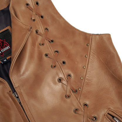 Women's Brown Leather Zippered Vest with Lacing Details