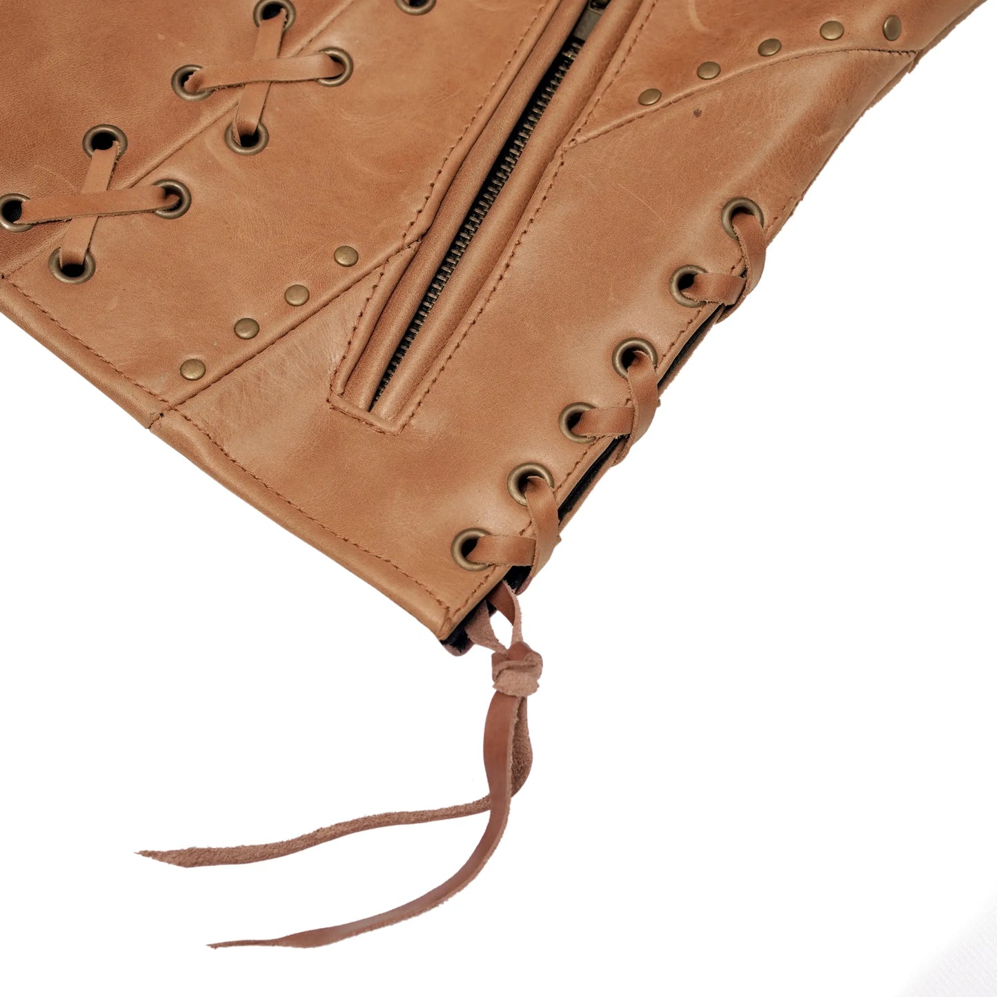 Women's Brown Leather Zippered Vest with Lacing Details