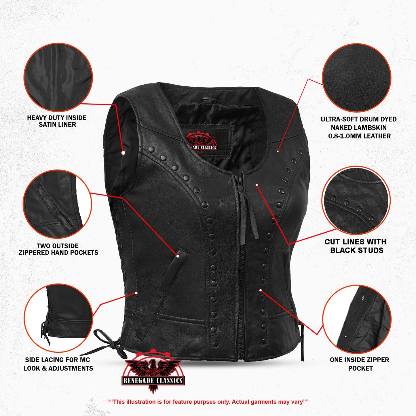 Women's Lightweight Naked Lambskin Vest with Rivets Detailing