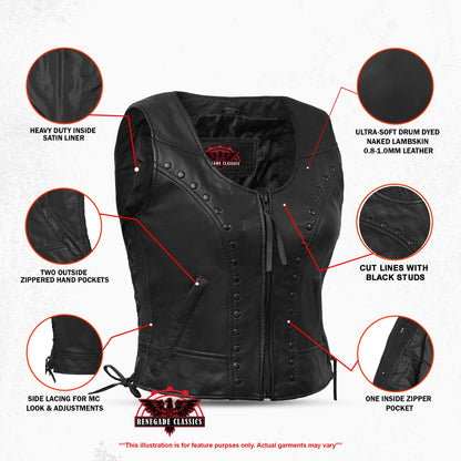 Women's Lightweight Naked Lambskin Vest with Rivets Detailing