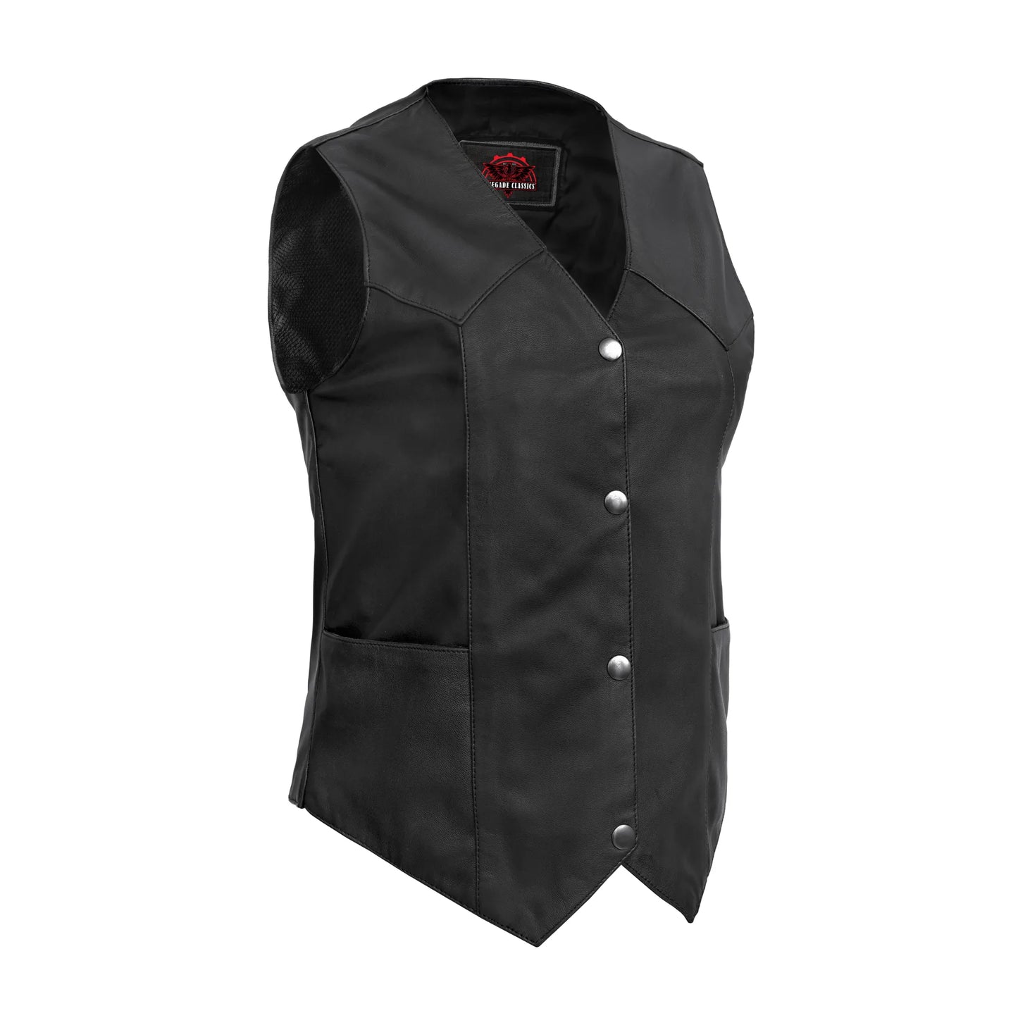 Women's Black Leather Classic Western Vest with Plain Side