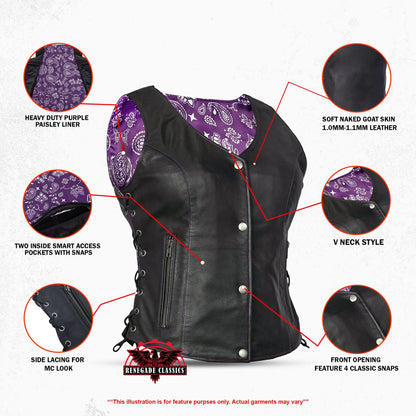 Women's Purple Paisley goat skin lined leather vest