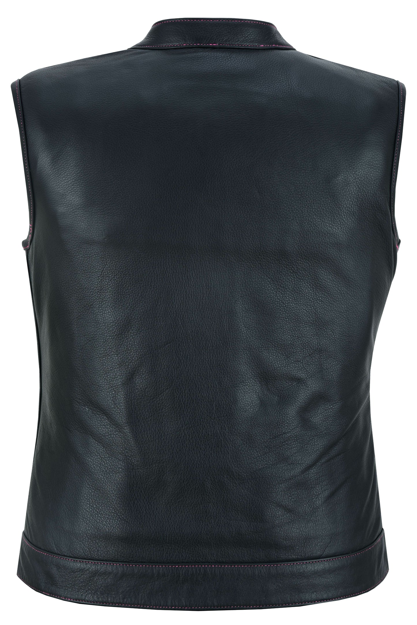 Women's Black Leather Club Style Motorcycle Vest- Violet Pink