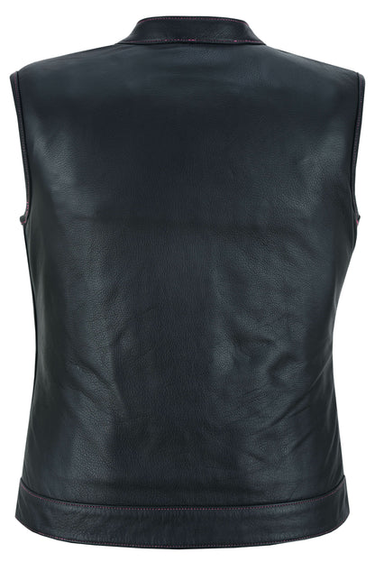 Women's Black Leather Club Style Motorcycle Vest- Violet Pink