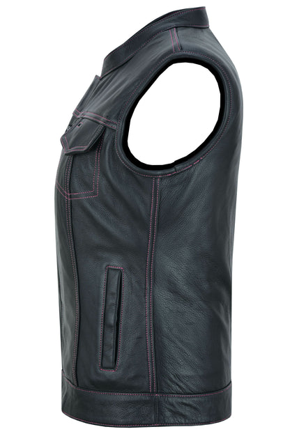 Women's Black Leather Club Style Motorcycle Vest- Violet Pink
