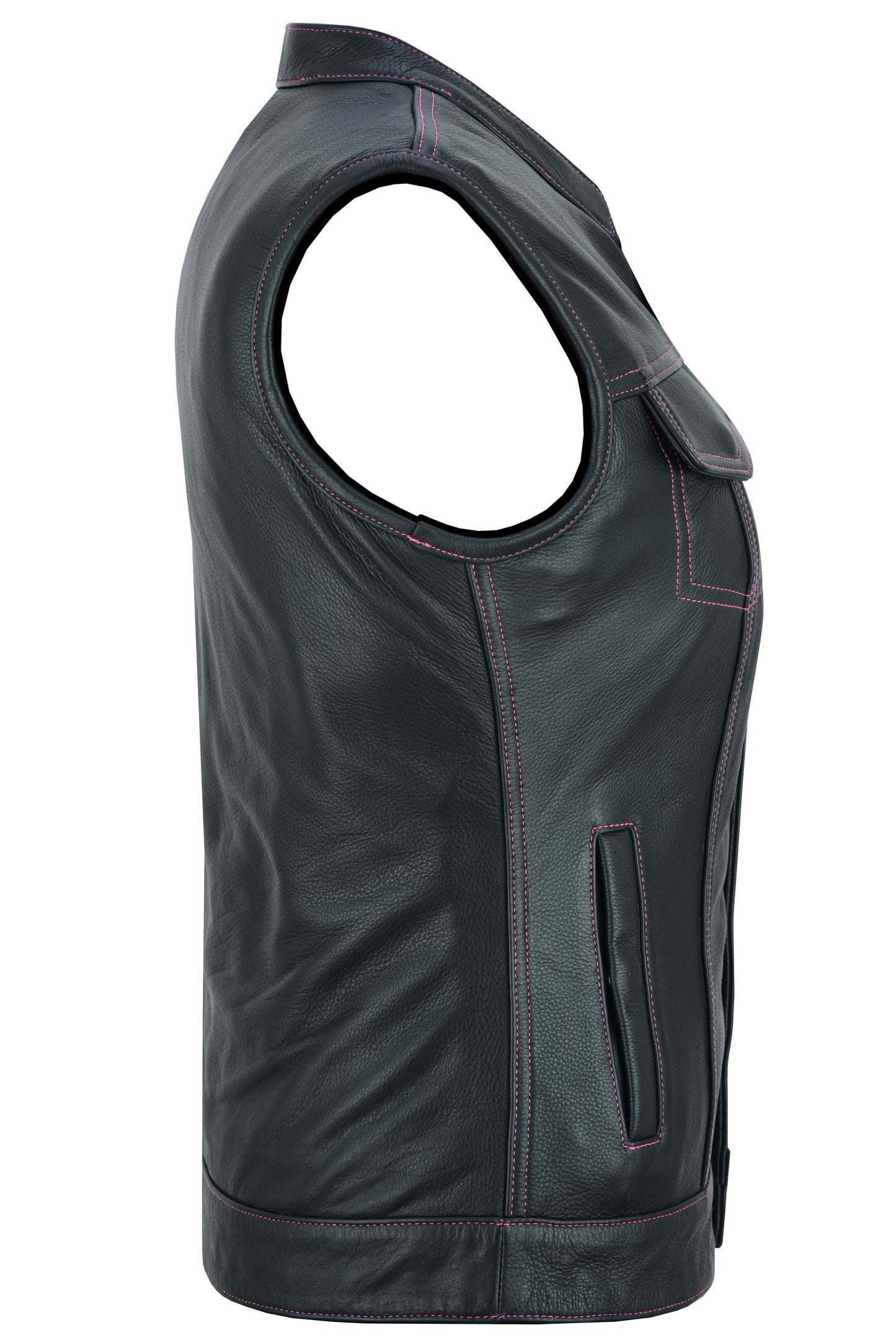 Women's Black Leather Club Style Motorcycle Vest- Violet Pink