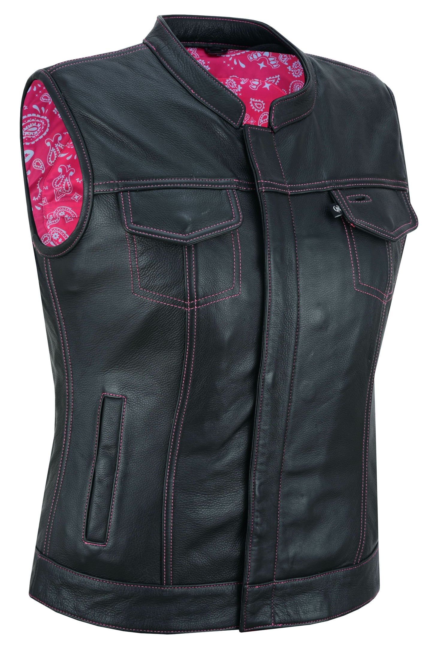 Women's Black Leather Club Style Motorcycle Vest- Violet Pink
