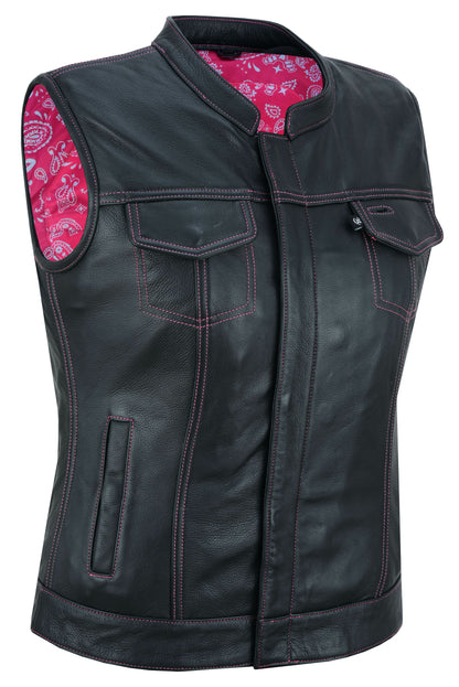 Women's Black Leather Club Style Motorcycle Vest- Violet Pink