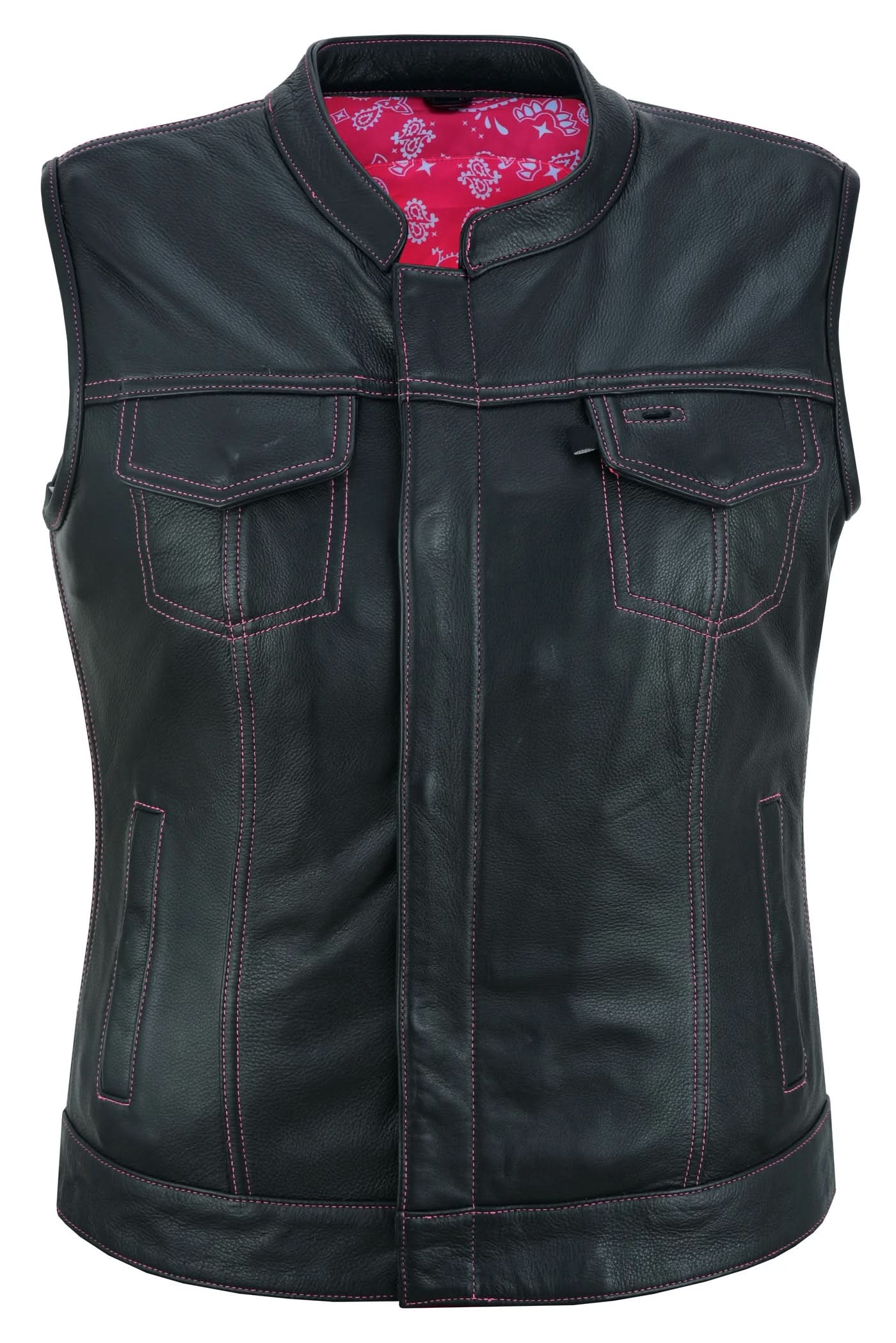 Women's Black Leather Club Style Motorcycle Vest- Violet Pink