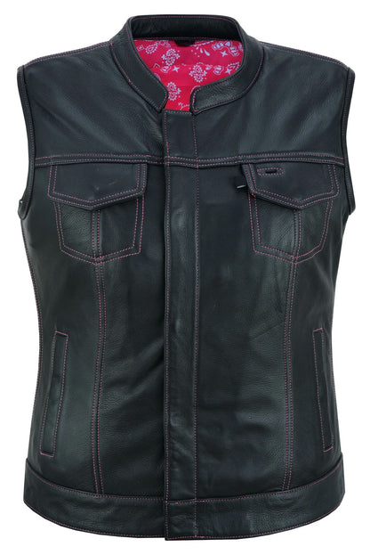 Women's Black Leather Club Style Motorcycle Vest- Violet Pink