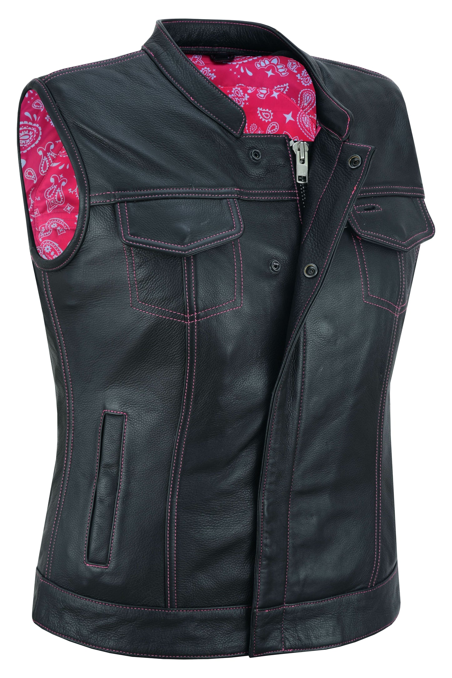 Women's Black Leather Club Style Motorcycle Vest- Violet Pink