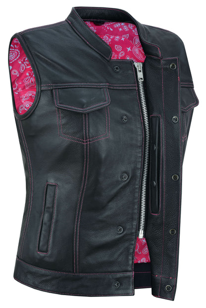 Women's Black Leather Club Style Motorcycle Vest- Violet Pink