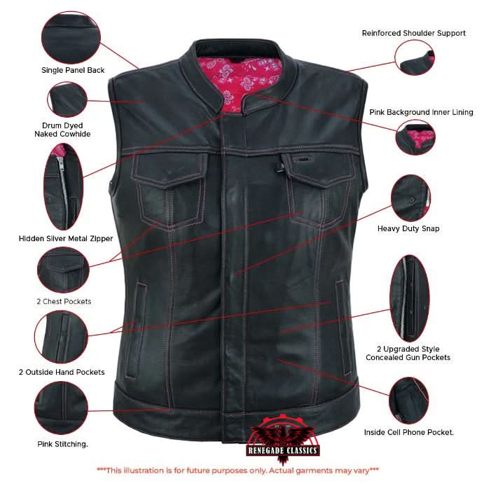 Women's Black Leather Club Style Motorcycle Vest- Violet Pink