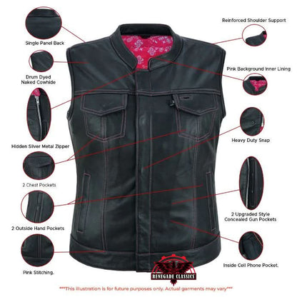 Women's Black Leather Club Style Motorcycle Vest- Violet Pink