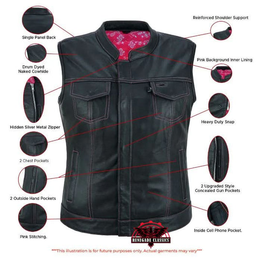 Women's Black Leather Club Style Motorcycle Vest- Violet Pink