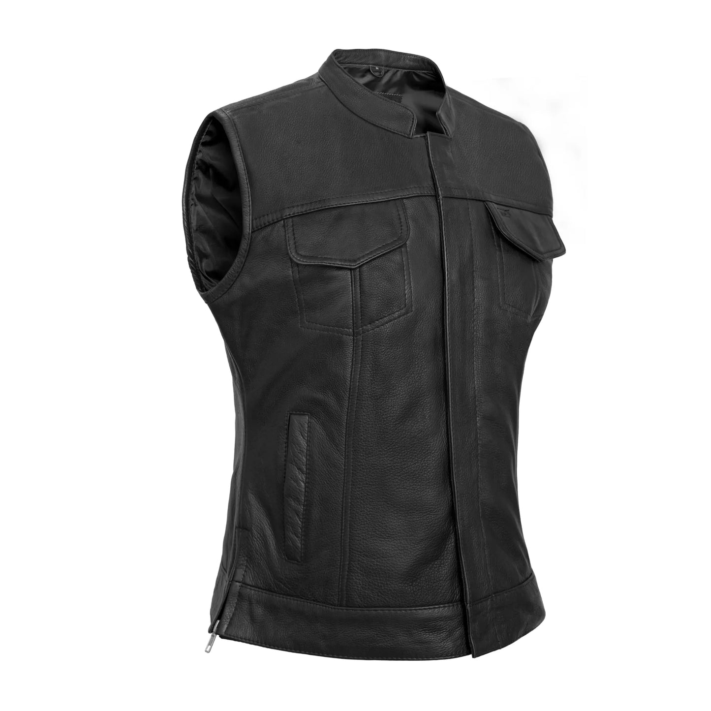 Women's Premium Leather Club Style Motorcycle Vest, Single Back Panel Concealment