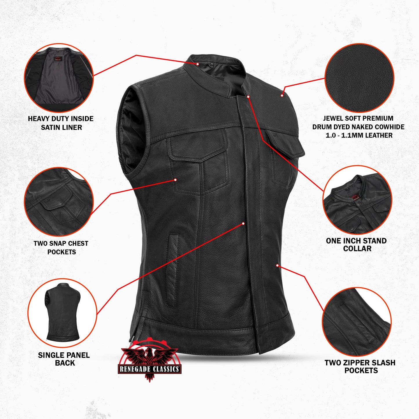 Women's Premium Leather Club Style Motorcycle Vest, Single Back Panel Concealment