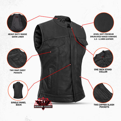 Women's Premium Leather Club Style Motorcycle Vest, Single Back Panel Concealment