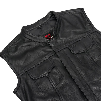 Women's Premium Leather Club Style Motorcycle Vest, Single Back Panel Concealment