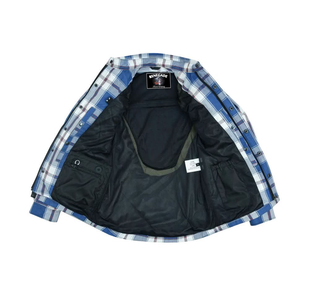 Alpha Check Men's  Armored Motorcycle Flannel Shirt - Blue/White/Maroon
