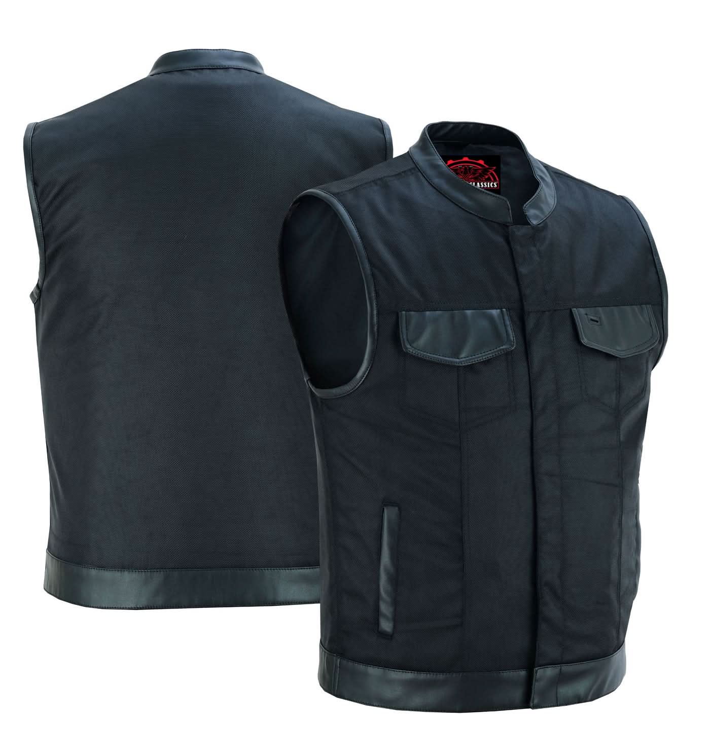 Canvas club style vest with leather trim