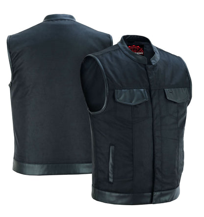 Canvas club style vest with leather trim