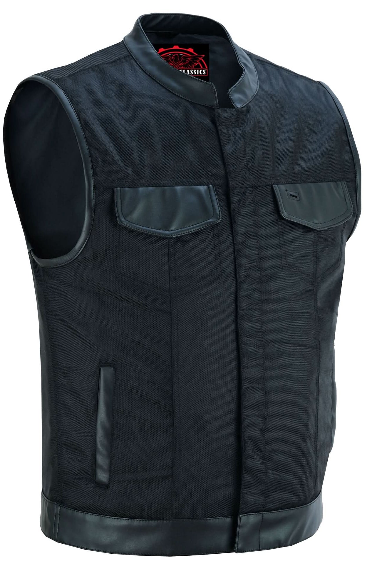 Canvas club style vest with leather trim