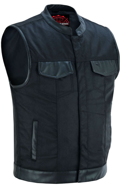 Canvas club style vest with leather trim