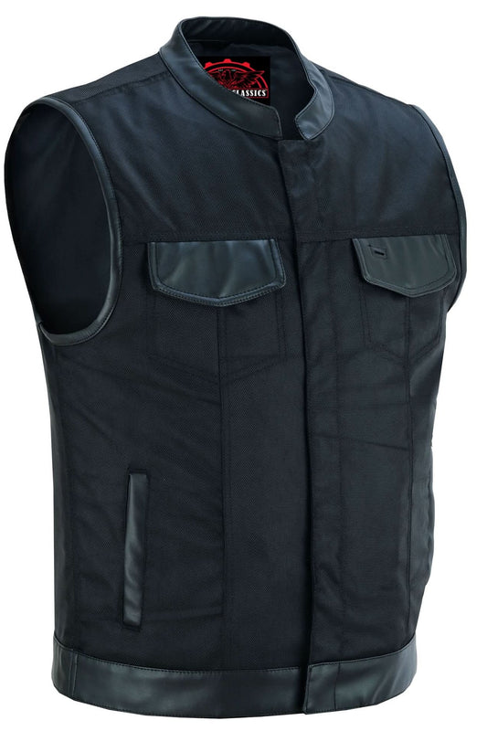 Canvas club style vest with leather trim