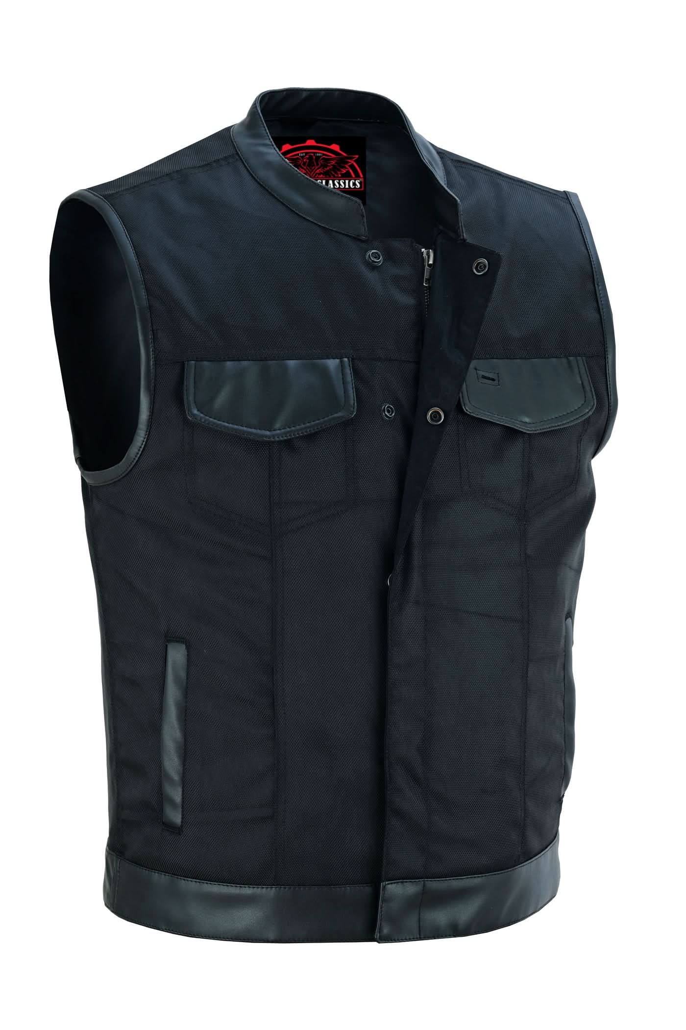Canvas club style vest with leather trim