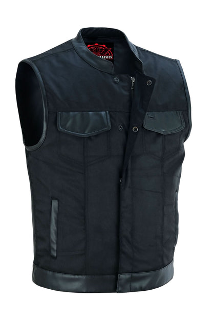 Canvas club style vest with leather trim