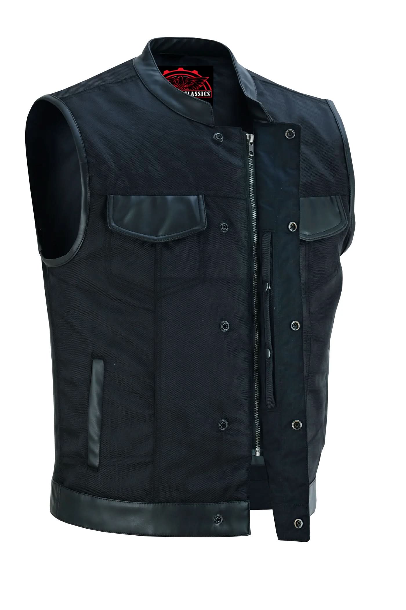 Canvas club style vest with leather trim