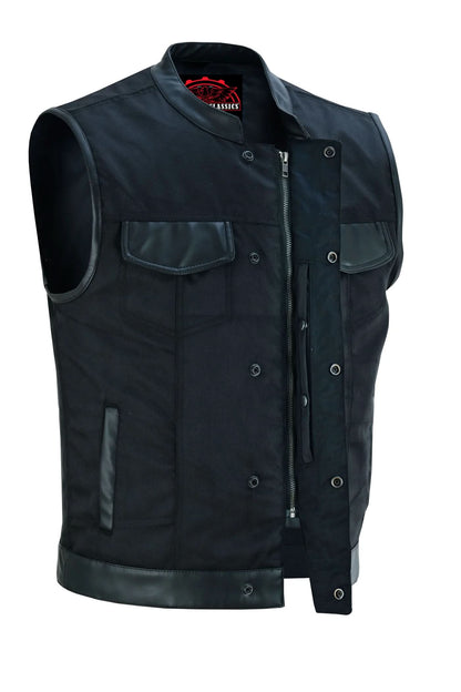 Canvas club style vest with leather trim