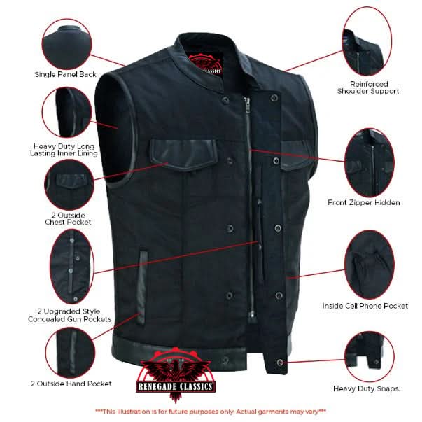 Canvas club style vest with leather trim