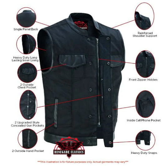 Canvas club style vest with leather trim