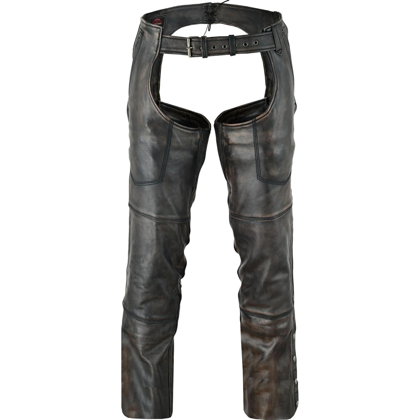 Unisex Four Pockets distressed brown Insulated Chaps with Stretchable Inner Thigh