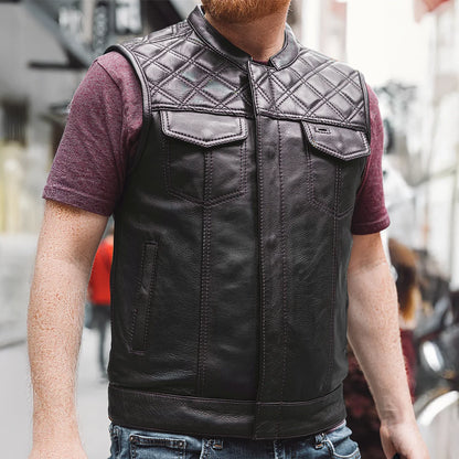 Men's Club Style Leather Motorcycle Vest- Green stitching with Green Paisley lining