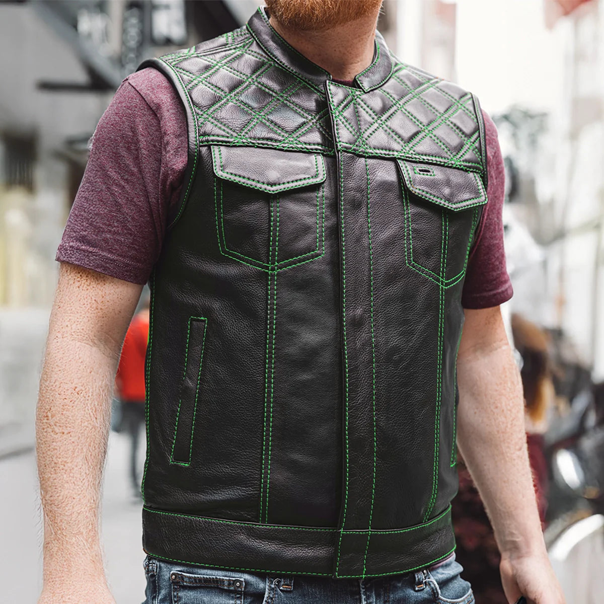 Men's Club Style Leather Motorcycle Vest- Green stitching with Green Paisley lining