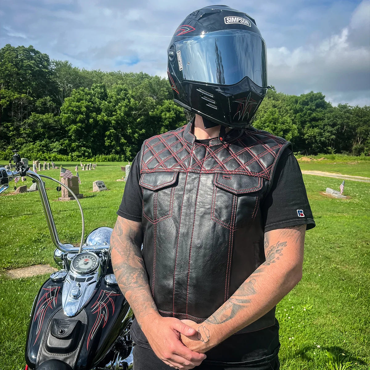 Men's Club Style Leather Motorcycle Vest- Green stitching with Green Paisley lining