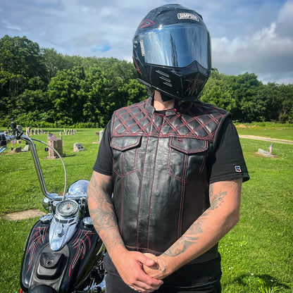 Men's Club Style Leather Motorcycle Vest- Green stitching with Green Paisley lining