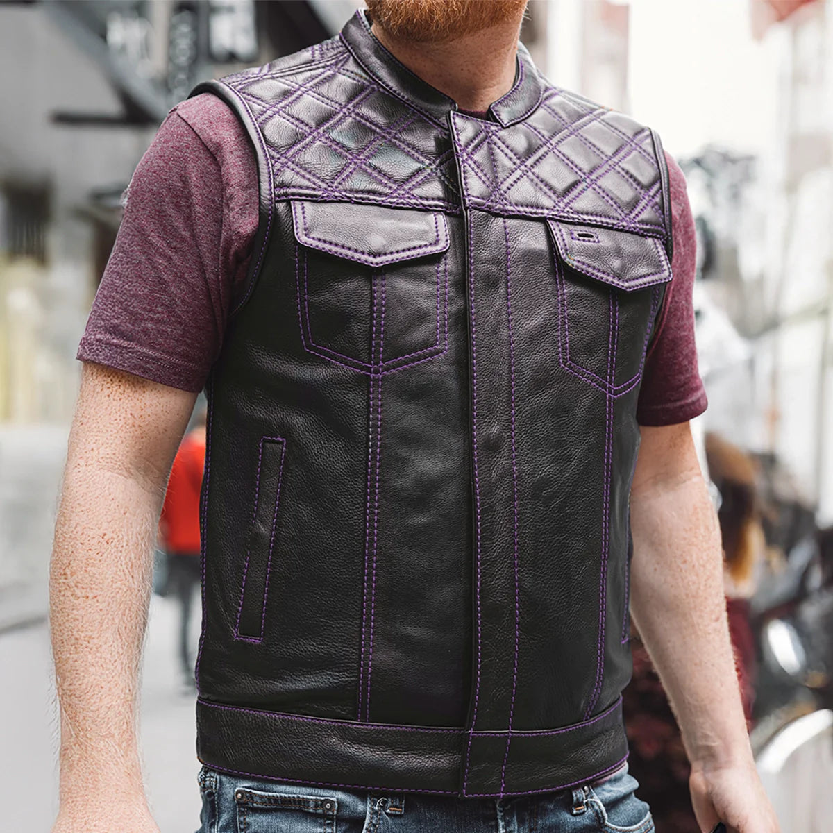 Men's Club Style Leather Motorcycle Vest- Green stitching with Green Paisley lining