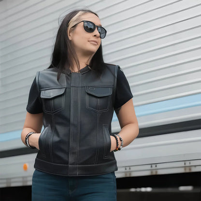 Women's Motorcycle Club Style Perforated Leather Vest, Red or Grey thread- "Jess"