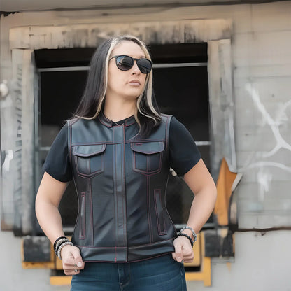 Women's Motorcycle Club Style Perforated Leather Vest, Red or Grey thread- "Jess"