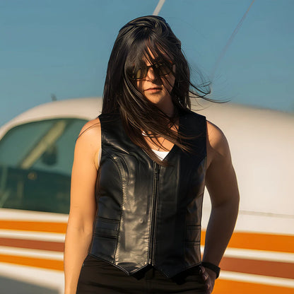 Women's Western Style Leather Motorcycle Vest- Savannah